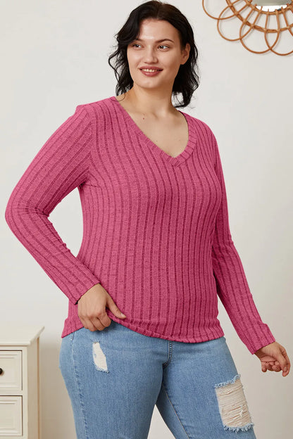 Light green Trendsi Basic Bae full-size ribbed V-neck long sleeve T-shirt, showcasing its fitted ribbed fabric and V-neck design.