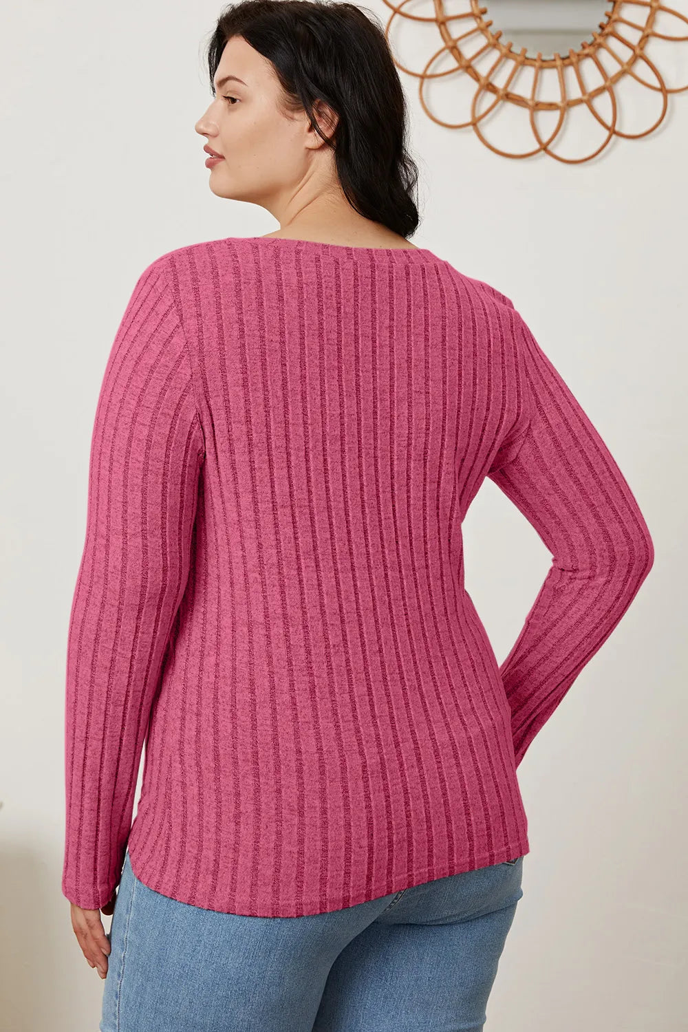 Light green Trendsi Basic Bae ribbed V-neck long sleeve T-shirt, full size, showing the fitted ribbed fabric and V-neck design.