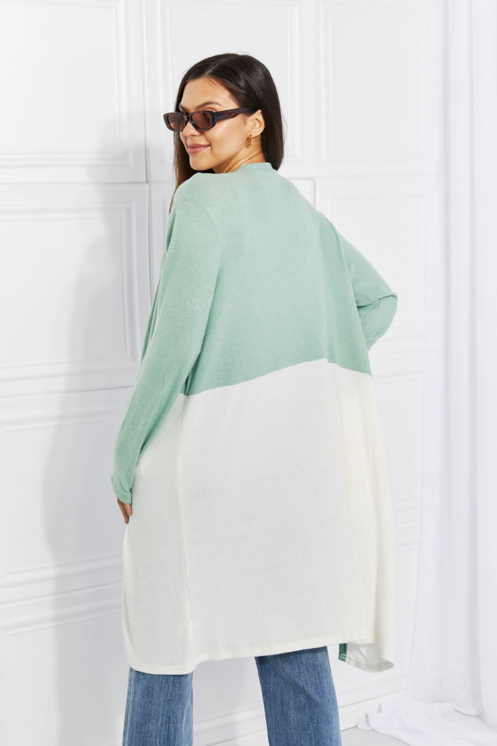 Light green color block duster cardigan from Culture Code Until You Came by Trendsi, featuring a relaxed fit and cozy knit fabric.