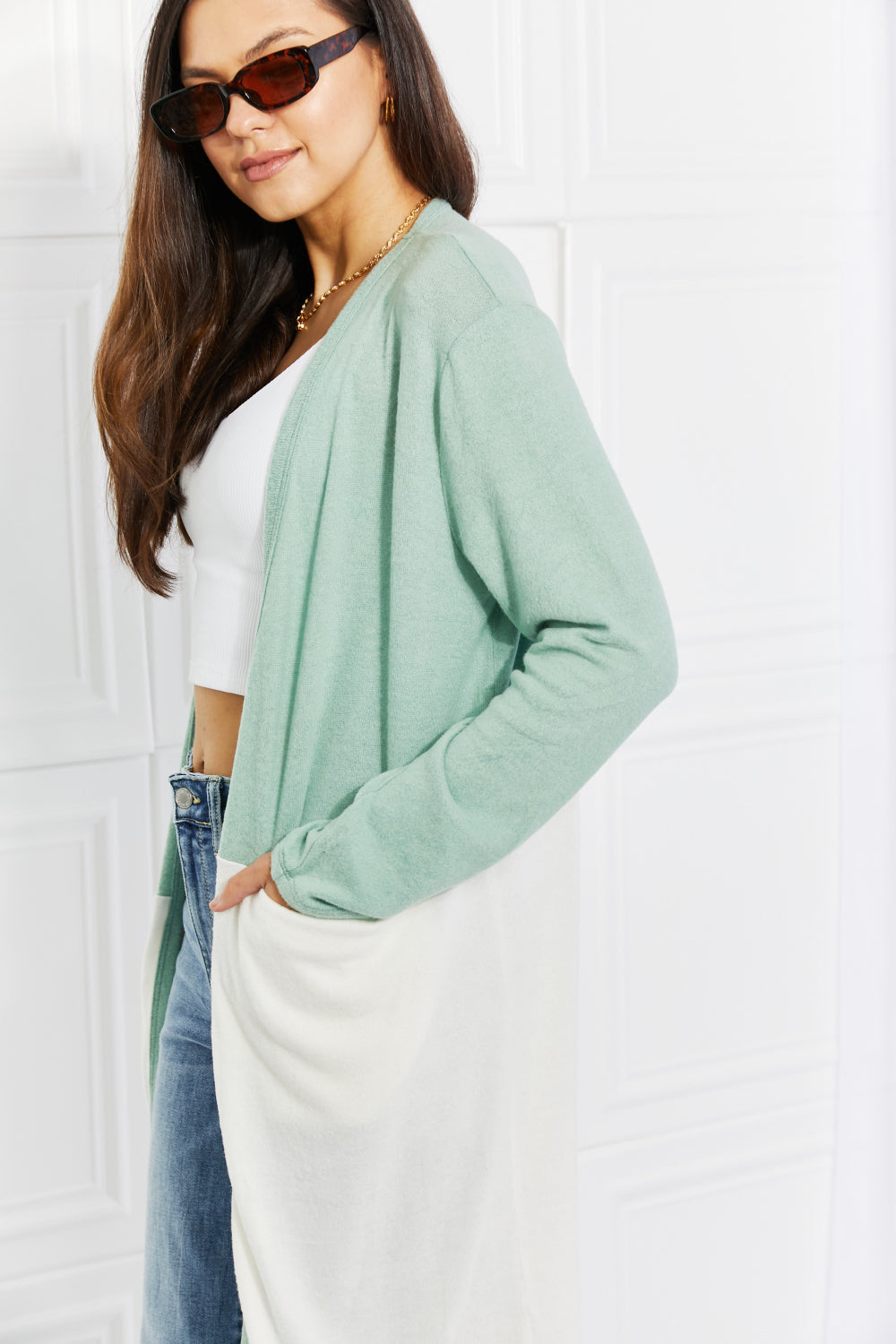 Light green color block duster cardigan from Culture Code Until You Came by Trendsi, featuring a cozy, oversized fit and stylish design.