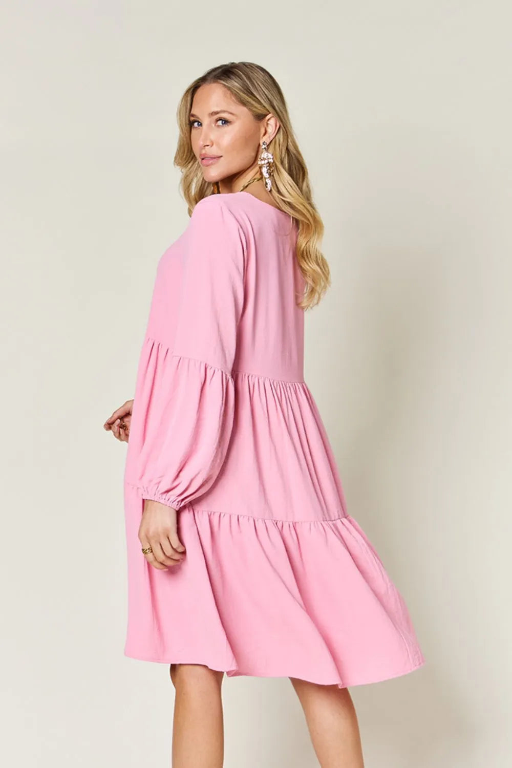 Light green Trendsi Double Take full-size V-neck balloon sleeve tiered dress with pockets, stylish and comfortable for casual wear.