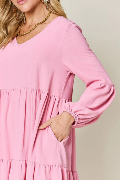 Light green Trendsi Double Take V-neck balloon sleeve tiered dress with pockets, full size, stylish and comfortable for casual wear.