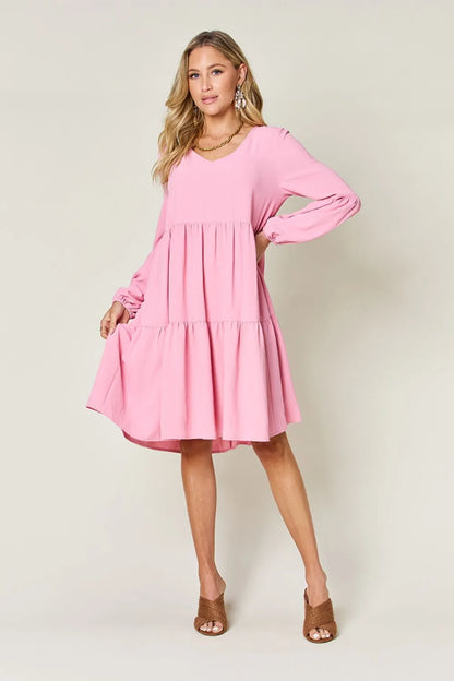 Light green Trendsi double take full-size v-neck balloon sleeve tiered dress with pockets, featuring a stylish and comfortable design.