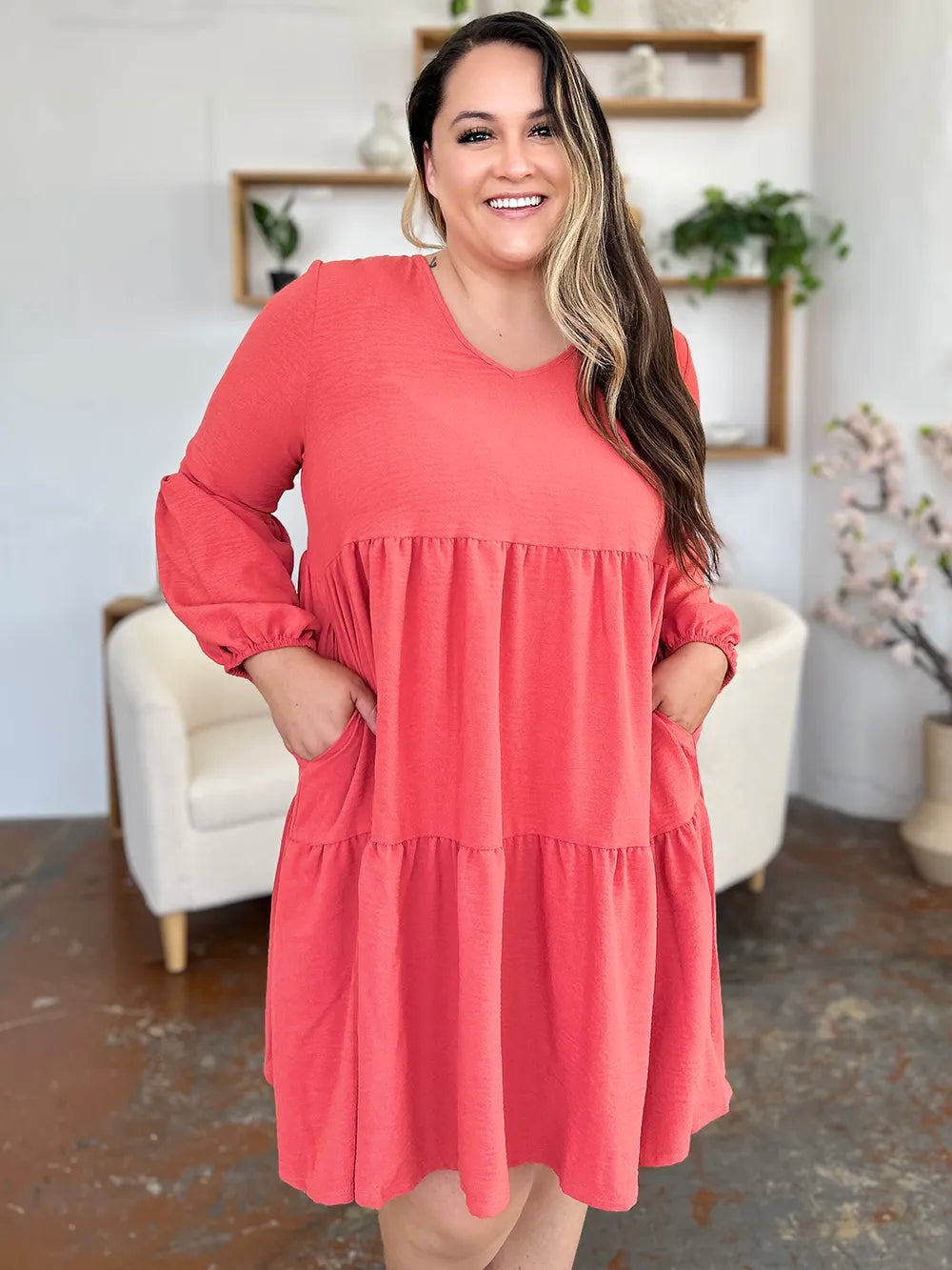 Light green Trendsi Double Take V-neck balloon sleeve tiered dress with pockets, full size, stylish and comfortable for casual wear.