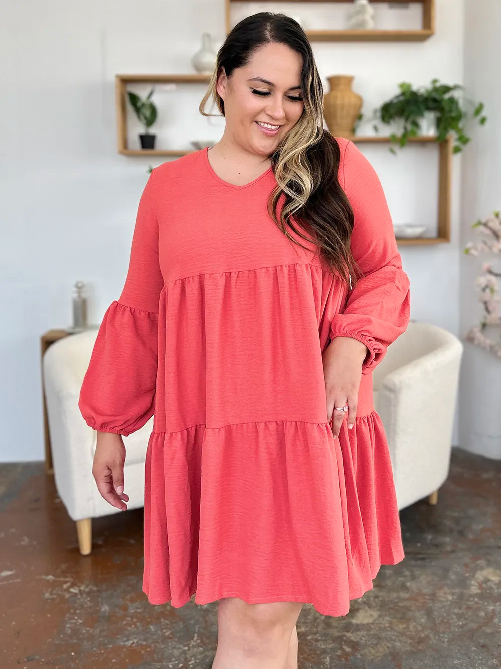 Light green Trendsi Double Take full-size V-neck balloon sleeve tiered dress with pockets, showcasing a stylish and comfortable design.