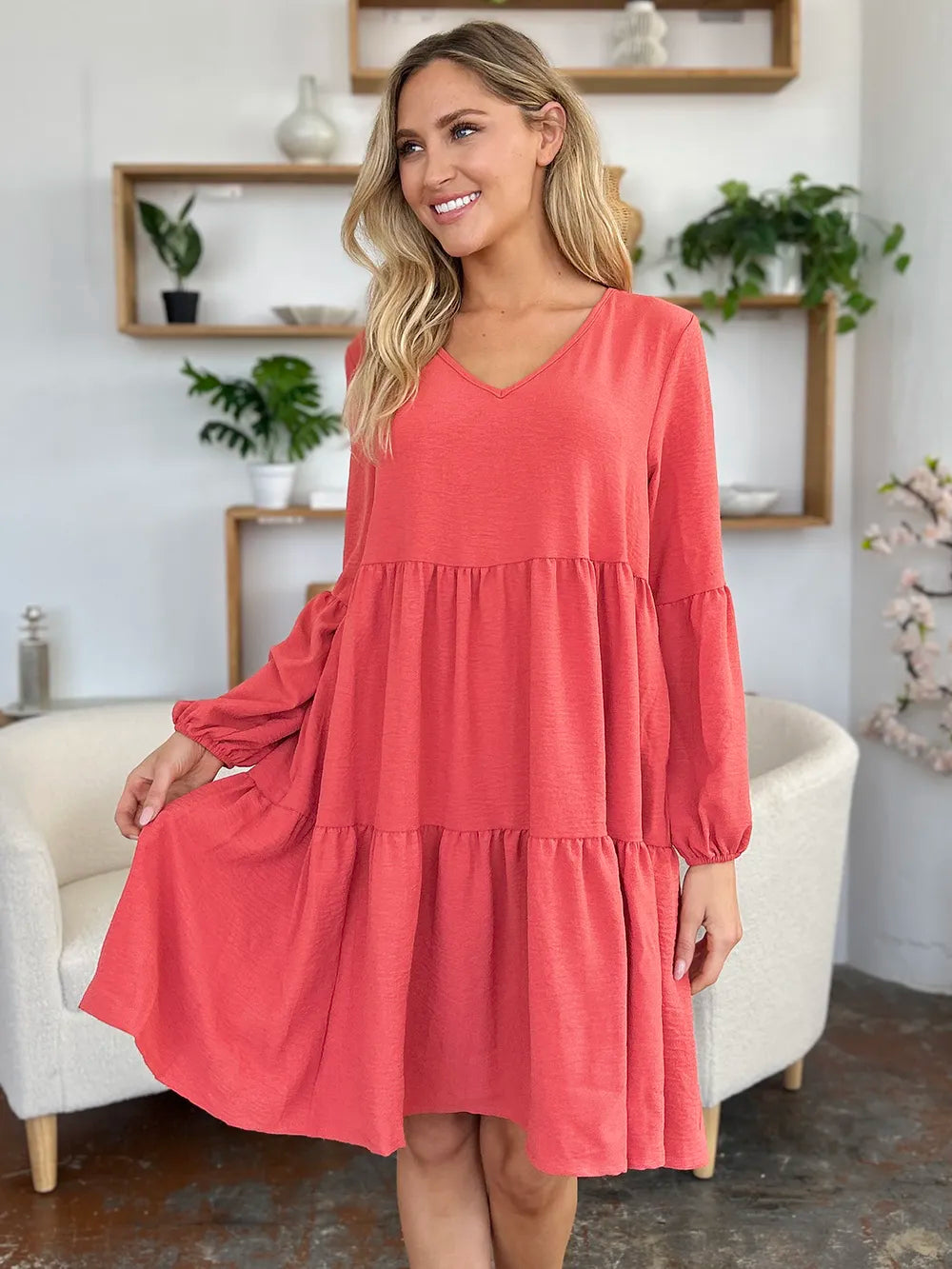 Light green Trendsi Double Take full-size V-neck balloon sleeve tiered dress with pockets, casual and stylish.
