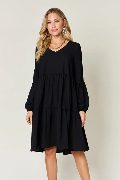 Light green Trendsi Double Take full-size V-neck balloon sleeve tiered dress with pockets, casual and stylish for everyday wear.