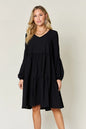 Light green Trendsi Double Take full-size V-neck balloon sleeve tiered dress with pockets, casual and stylish for everyday wear.