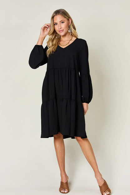 Light green Trendsi Double Take V-neck balloon sleeve tiered dress with pockets, full size, casual and stylish for everyday wear.