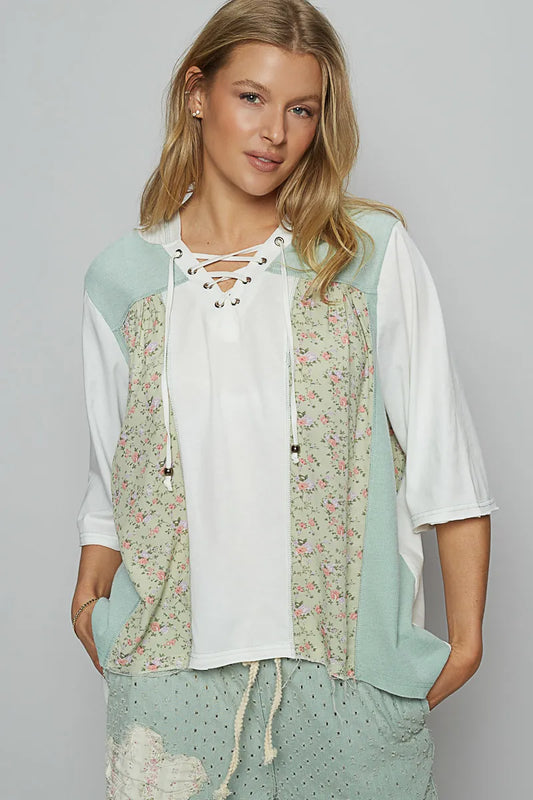 Light green POL lace-up hooded T-shirt with paisley panel detail, casual trendy top from Trendsi.
