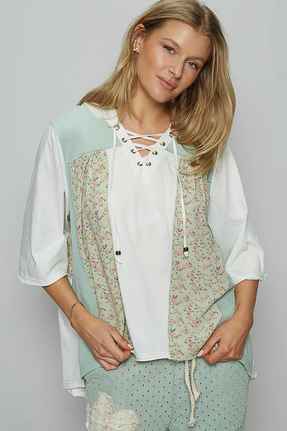 Light green POL lace-up hooded T-shirt with paisley panel detail, stylish casual top by Trendsi.