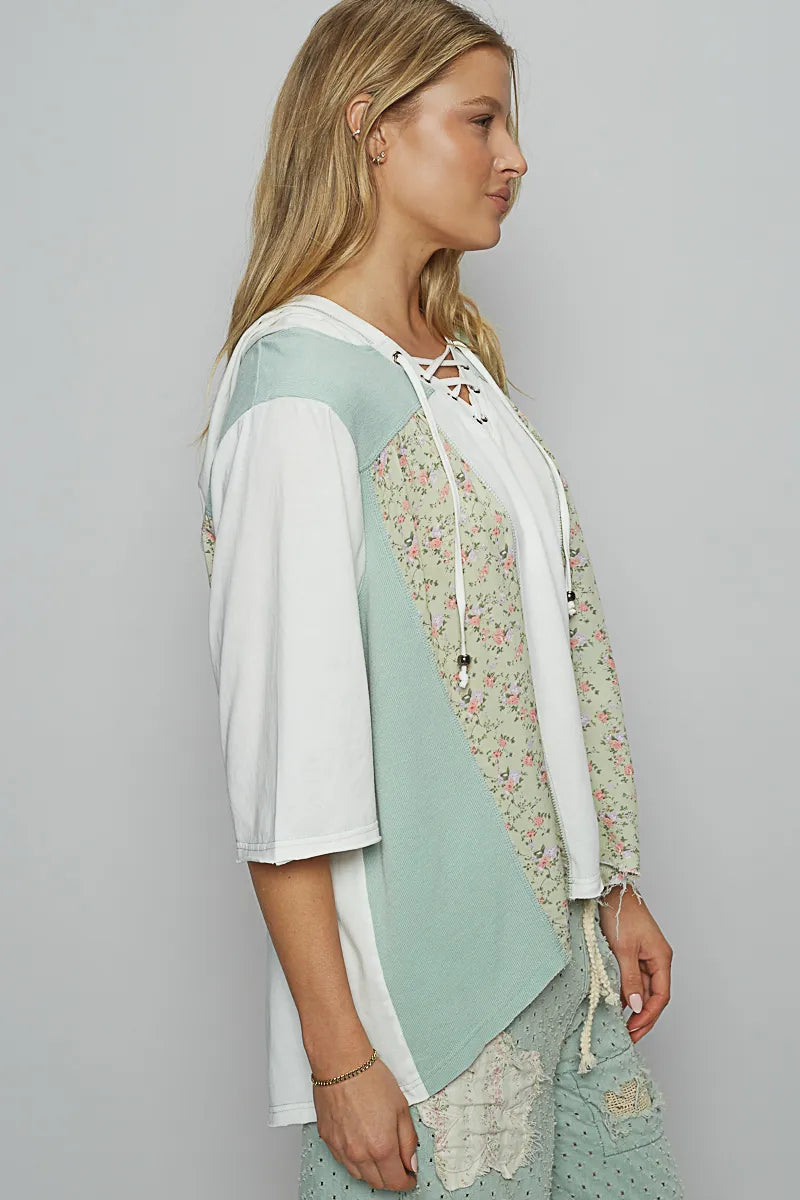 Light green POL lace-up hooded t-shirt with paisley panel detail, stylish casual top from Trendsi.