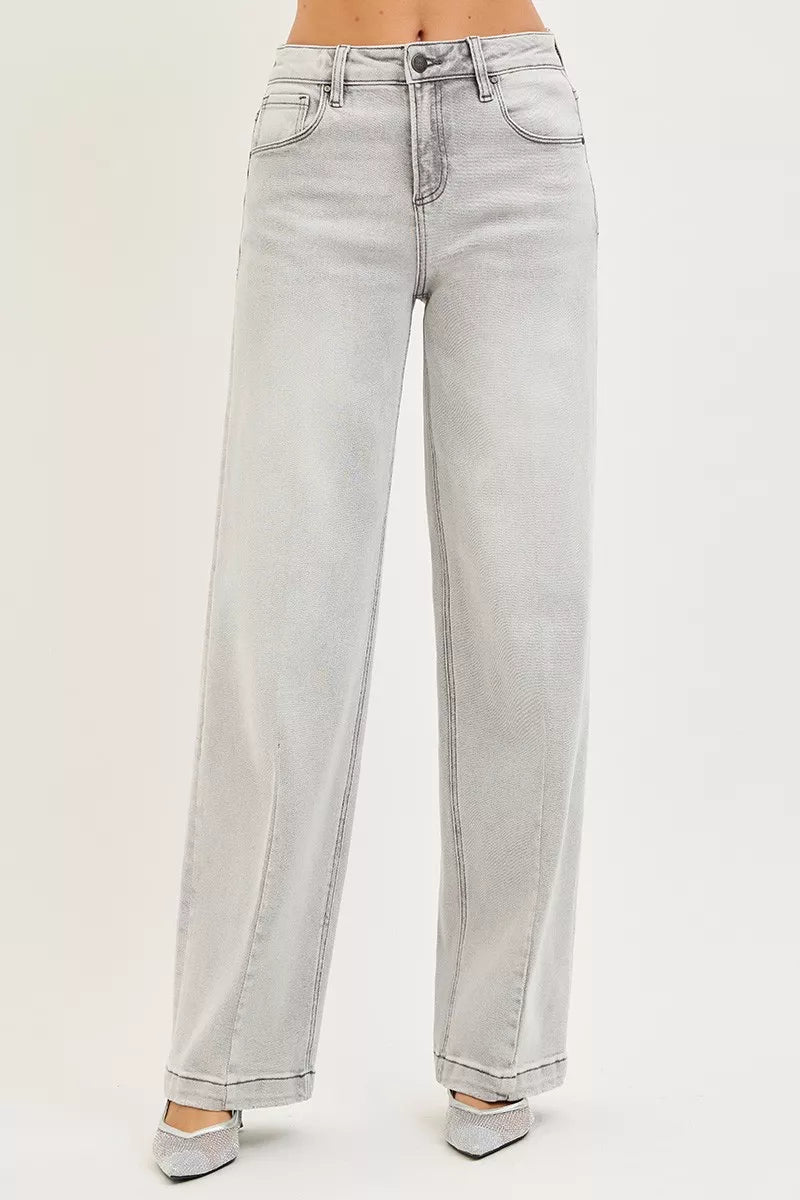Light grey Risen slouchy baggy jeans with contrast stitching from Trendsi, showcasing relaxed fit and casual style.