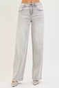Light grey Risen slouchy baggy jeans with contrast stitching from Trendsi, showcasing relaxed fit and casual style.
