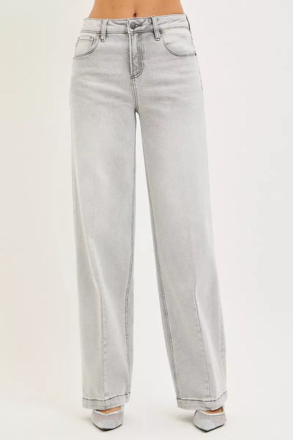 Light grey RISEN slouchy baggy jeans with contrast stitching, casual denim with relaxed fit and stylish details.