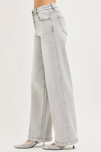 Light grey RISEN slouchy baggy jeans by Trendsi with contrast stitching, relaxed fit, and casual style.