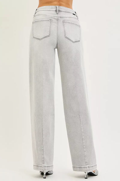 Light grey Risen slouchy baggy jeans with contrast stitching from Trendsi, featuring a relaxed fit and casual style.