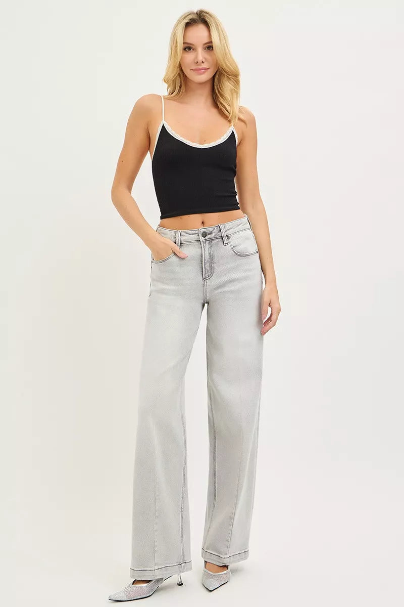 Light grey RISEN slouchy baggy jeans with contrast stitching, relaxed fit, and casual style from Trendsi.