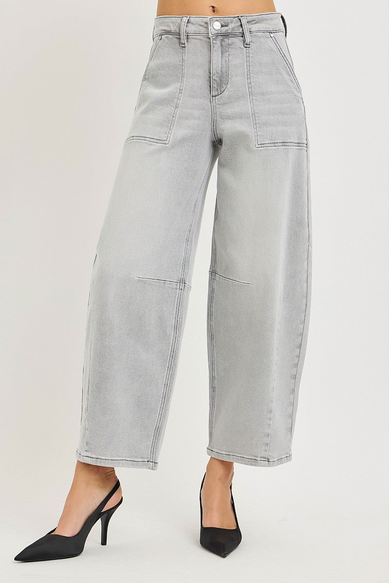 Light grey RISEN slouchy cropped barrel jeans from Trendsi, featuring a relaxed fit and casual style.