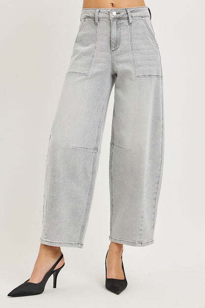 Light grey RISEN slouchy cropped barrel jeans from Trendsi, featuring a relaxed fit and casual style.