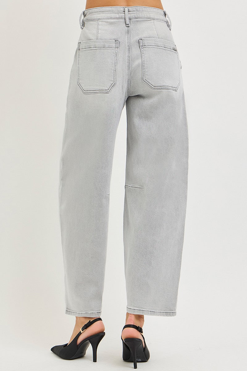 Light grey RISEN slouchy cropped barrel jeans from Trendsi displayed on a model, showing relaxed fit and trendy style.