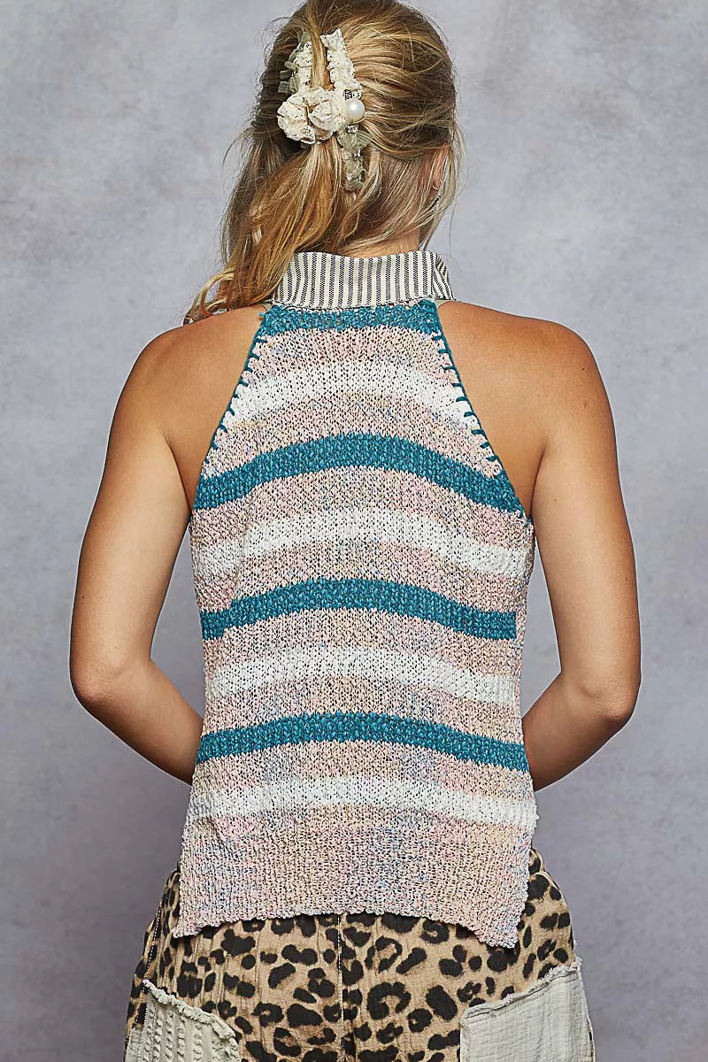 Light pink POL striped collar sweater vest with star patch from Trendsi, featuring a ribbed neckline and cozy knit fabric.