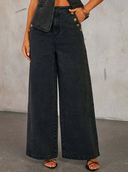 Light wash Trendsi high-rise wide leg jeans with button decor and classic five-pocket design, styled for a casual look.