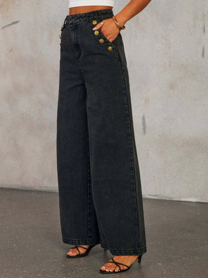 Light wash button-decor high-rise wide-leg jeans by Trendsi featuring a relaxed fit and classic denim style.