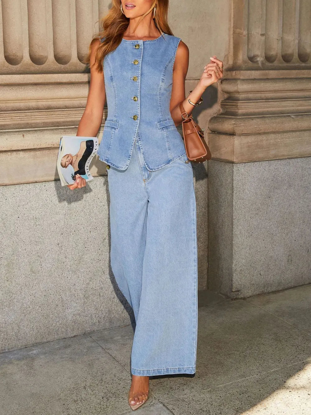 Light wash button-down denim vest and wide-leg jeans set by Trendsi, featuring classic denim styling and relaxed fit.