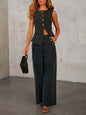 Light blue button-down denim vest and wide-leg jeans set by Trendsi, styled with casual fit and classic denim texture.