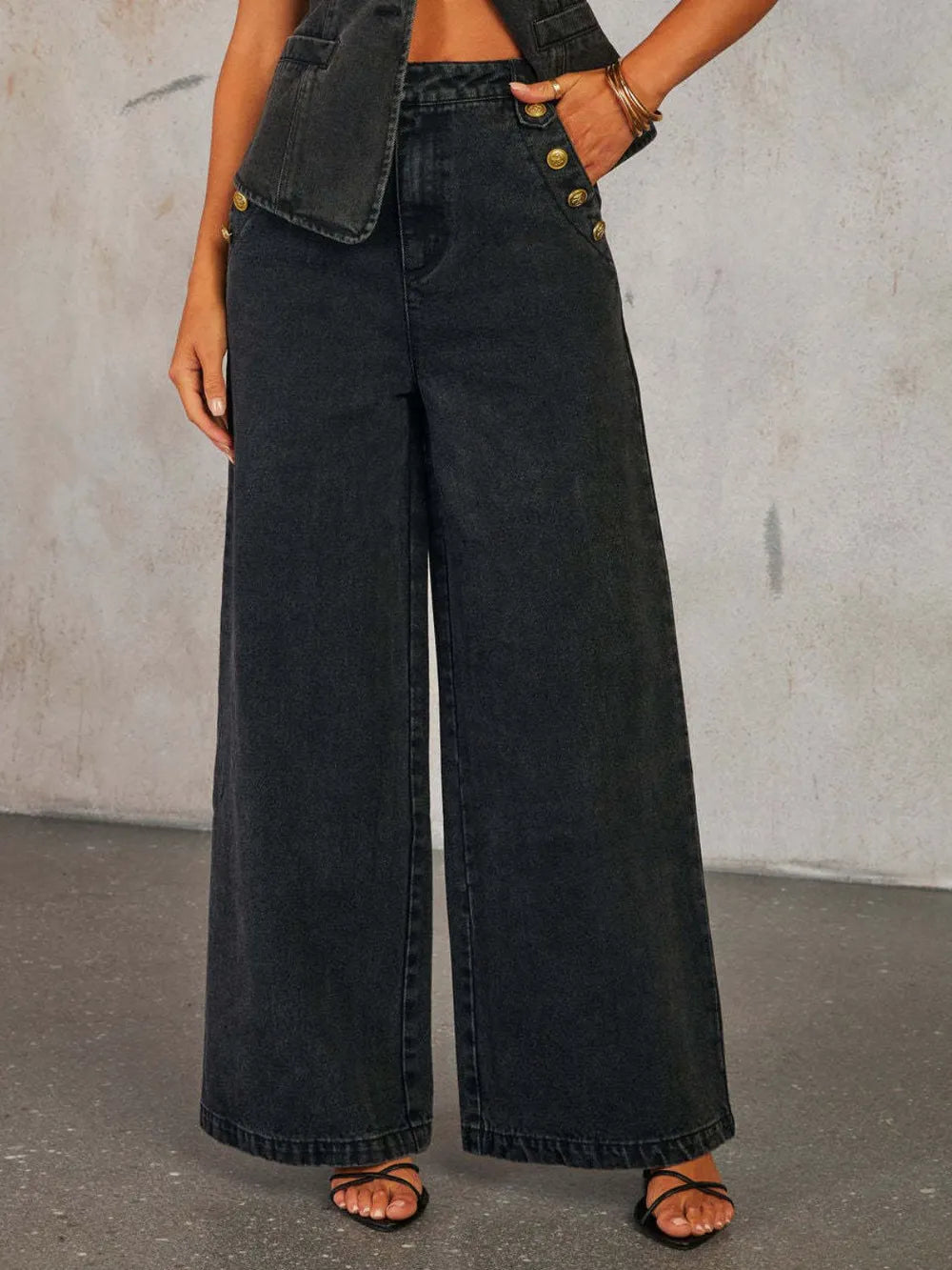 Light blue button-down vest and wide-leg denim jeans set by Trendsi, featuring casual, stylish denim ensemble.