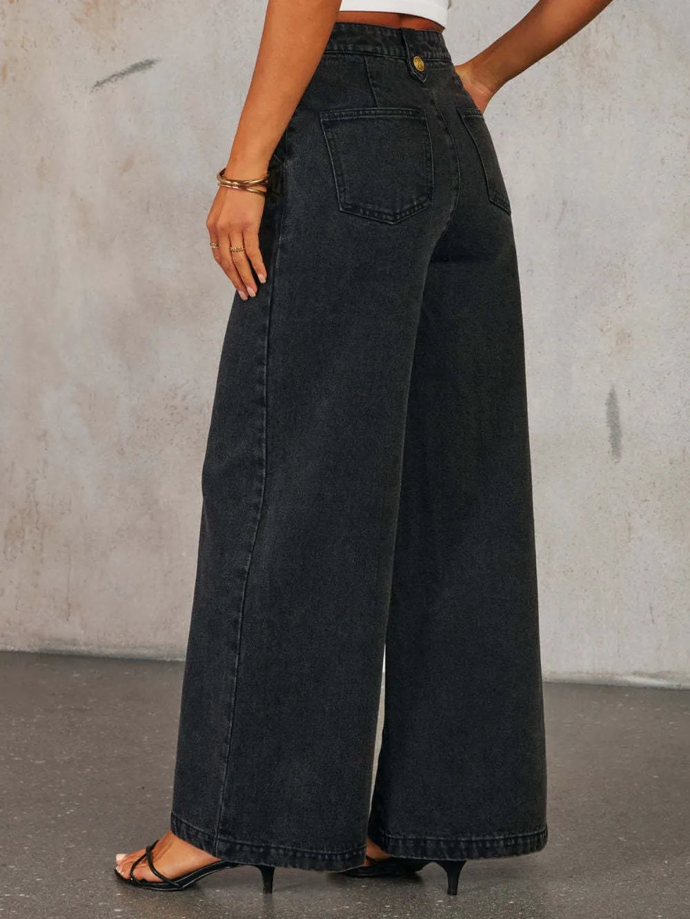 Light wash button-down denim vest and wide-leg jeans set by Trendsi, styled together for a casual chic look.