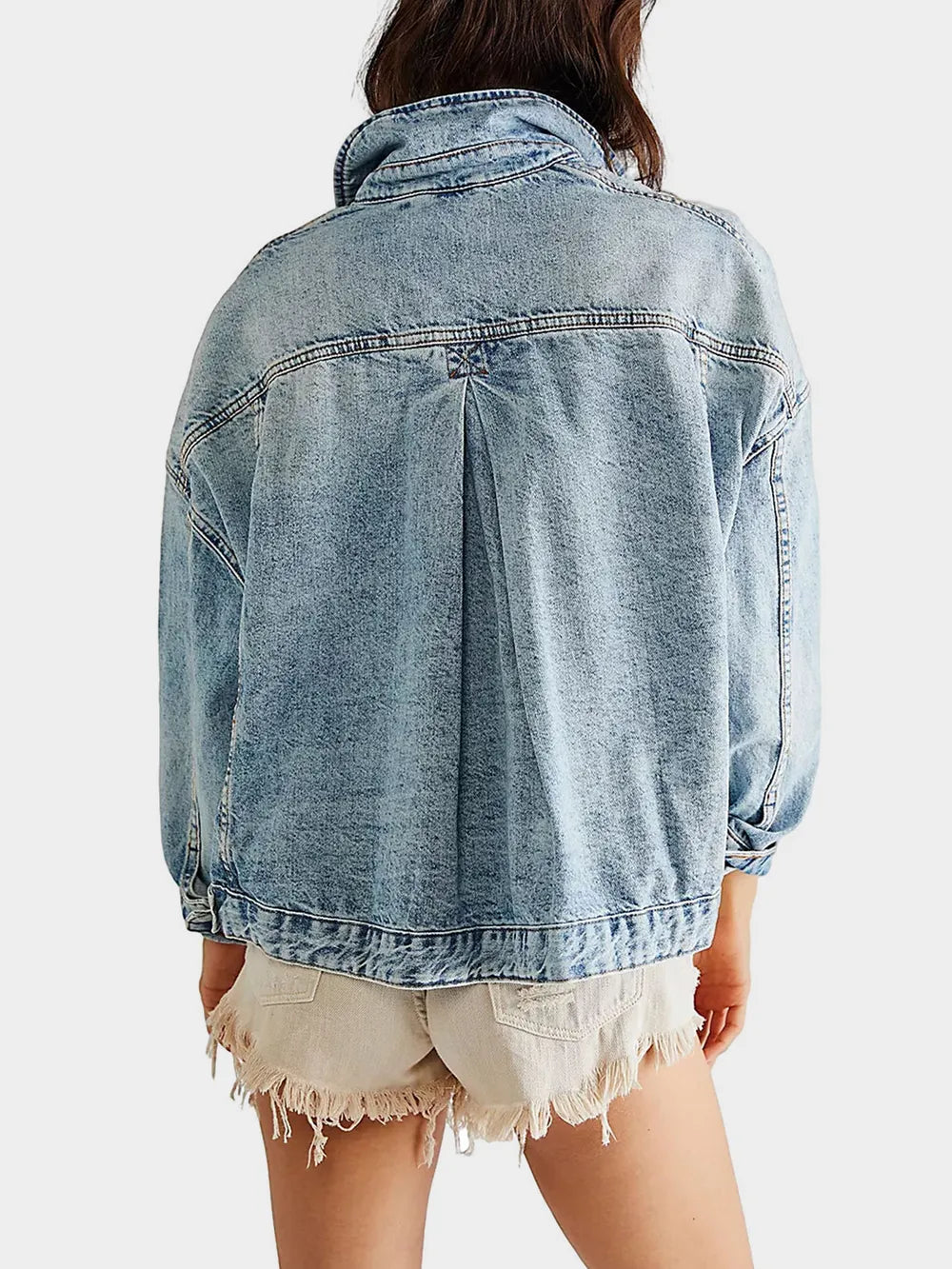 Light blue button-up long sleeve denim jacket by Trendsi, featuring classic design and visible stitching details.