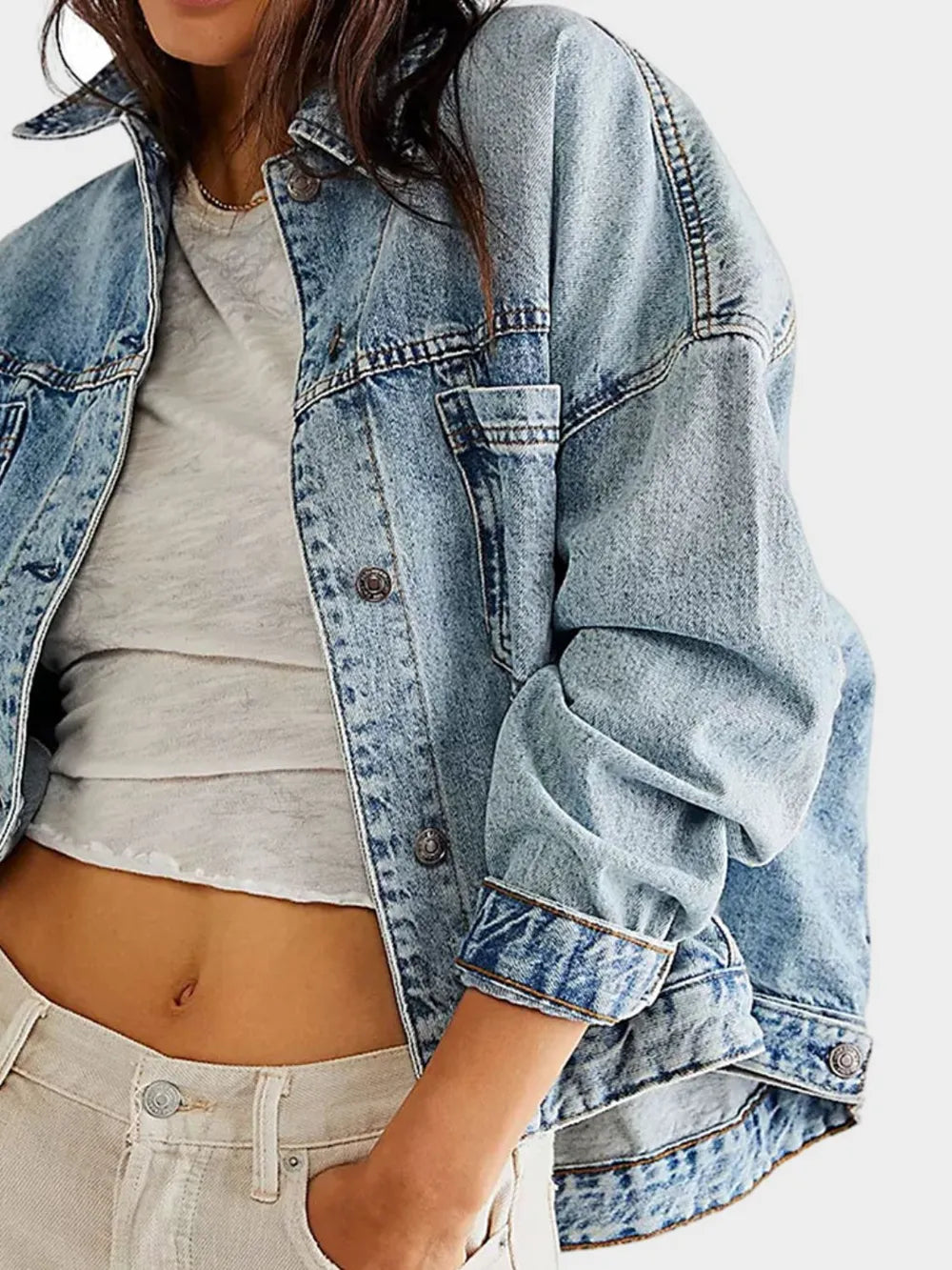 Light wash button-up long sleeve denim jacket by Trendsi, featuring classic collar and front pockets.