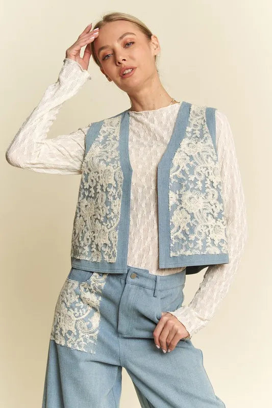 Light blue denim vest with lace patches and open front design from Davi & Dani, styled with casual fashion.