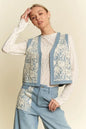 Light blue denim vest with lace patches and open front design from Davi & Dani, styled with casual fashion.