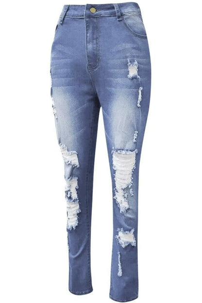 Plus size full-length distressed skinny jeans by Trendsi, showcasing a fitted denim style with ripped details and a classic blue wash.