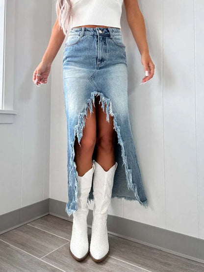 Light wash high-waist denim skirt with raw hem and asymmetrical design from Trendsi, styled with front and back views.