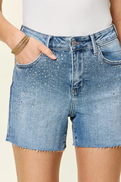 Light blue Judy Blue high waist denim shorts with rhinestone decor, full size, perfect for casual summer outfits.
