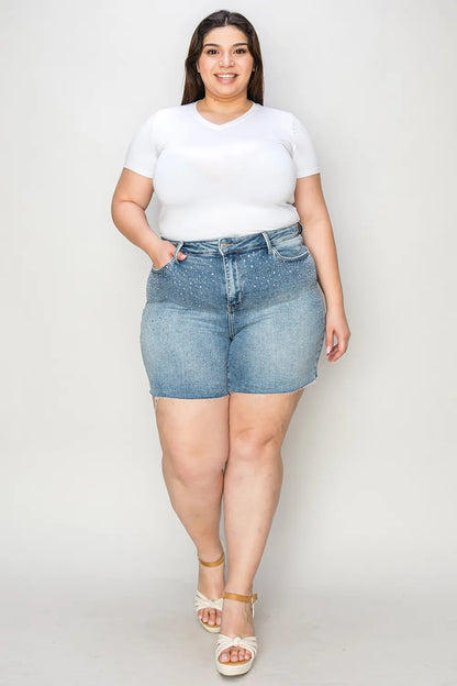 Light blue Judy Blue high waist denim shorts with rhinestone decoration and full size fit, stylish and trendy for casual wear.
