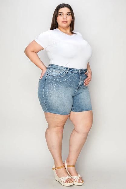Light blue Judy Blue high-waist denim shorts with rhinestone decoration and full size fit, styled for casual wear.