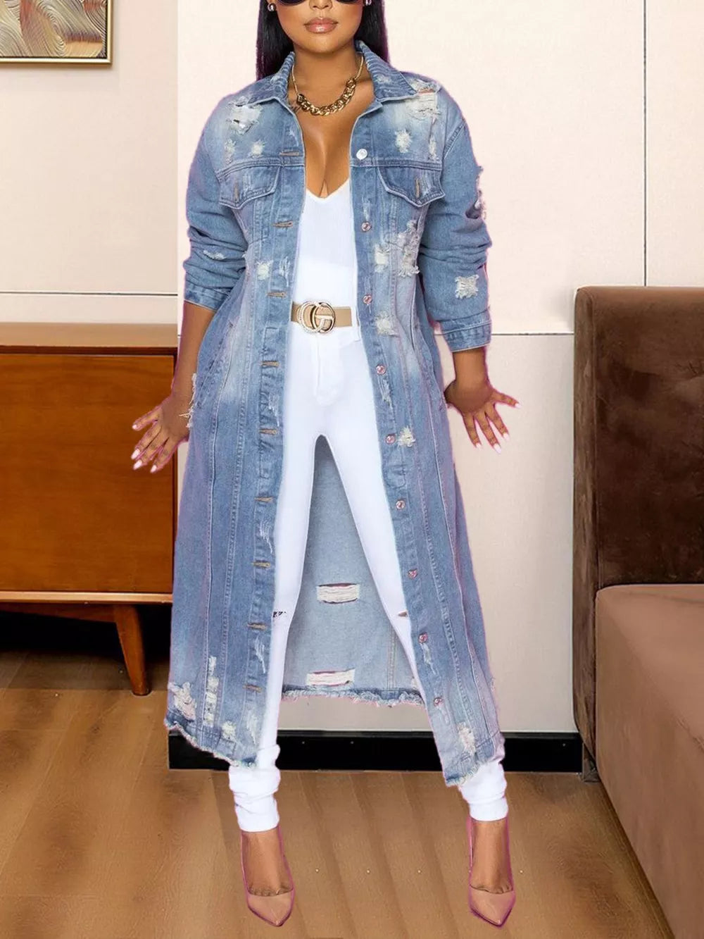 Light blue long sleeve raw hem denim jacket by Trendsi, featuring classic style and button-front closure.