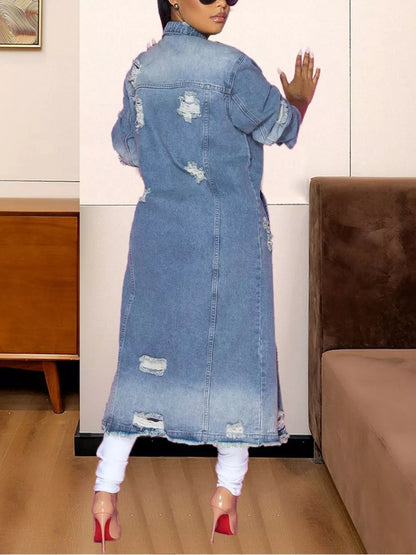 Light blue long sleeve raw hem denim jacket from Trendsi, showcasing classic style and casual fit.