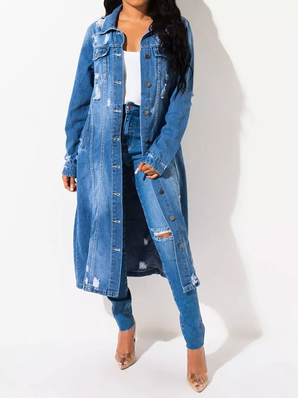Light blue long sleeve denim jacket with raw hem from Trendsi, featuring a classic fit and button-front closure.