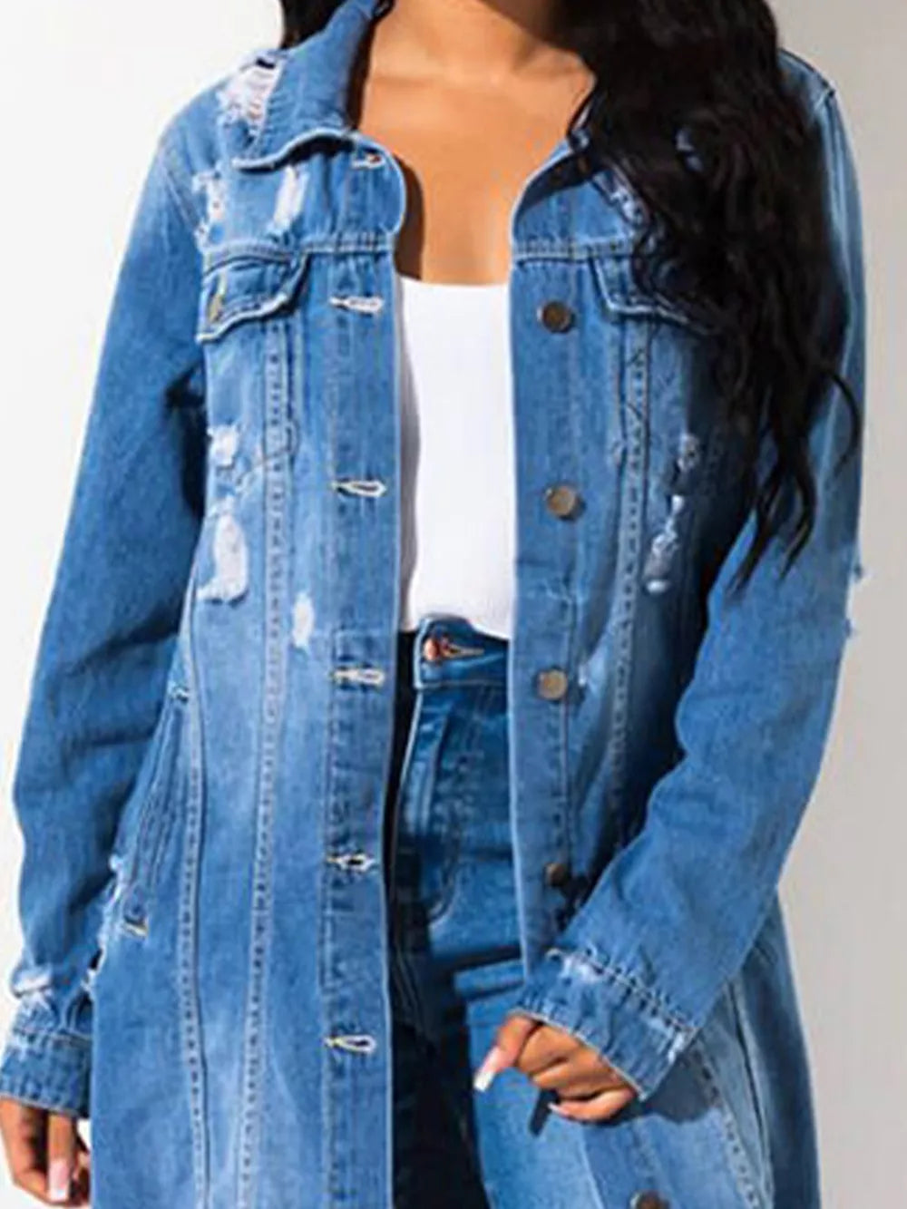 Light blue long sleeve denim jacket with raw hem from Trendsi, featuring classic style and casual fit.