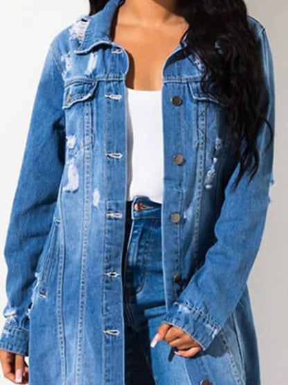 Light blue long sleeve denim jacket with raw hem from Trendsi, featuring classic style and casual fit.