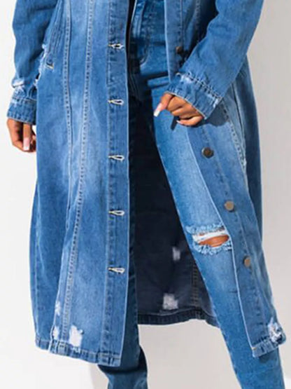 Light blue long sleeve denim jacket with raw hem, trendy casual style by Trendsi, shown on a model.