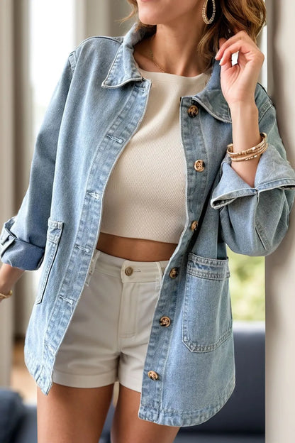 Light blue denim jacket with chest pockets and button-up front, long sleeves, by Trendsi, casual and stylish for everyday wear.