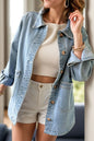 Light blue denim jacket with chest pockets and button-up front, long sleeves, by Trendsi, casual and stylish for everyday wear.