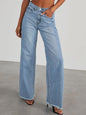 Light wash raw hem wide-leg jeans with pockets from Trendsi, featuring a relaxed fit and stylish casual design.
